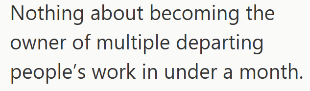 Nothing about becoming the owner of multiple departing people's work in under a month.