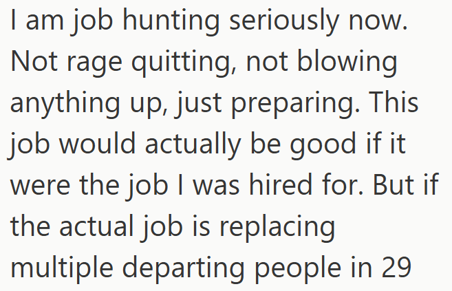 I am job hunting seriously now. Not rage quitting, not blowing anything up, just preparing. This job would actually be good if it were the job I was hired for. But if the actual job is replacing multiple departing people in 29