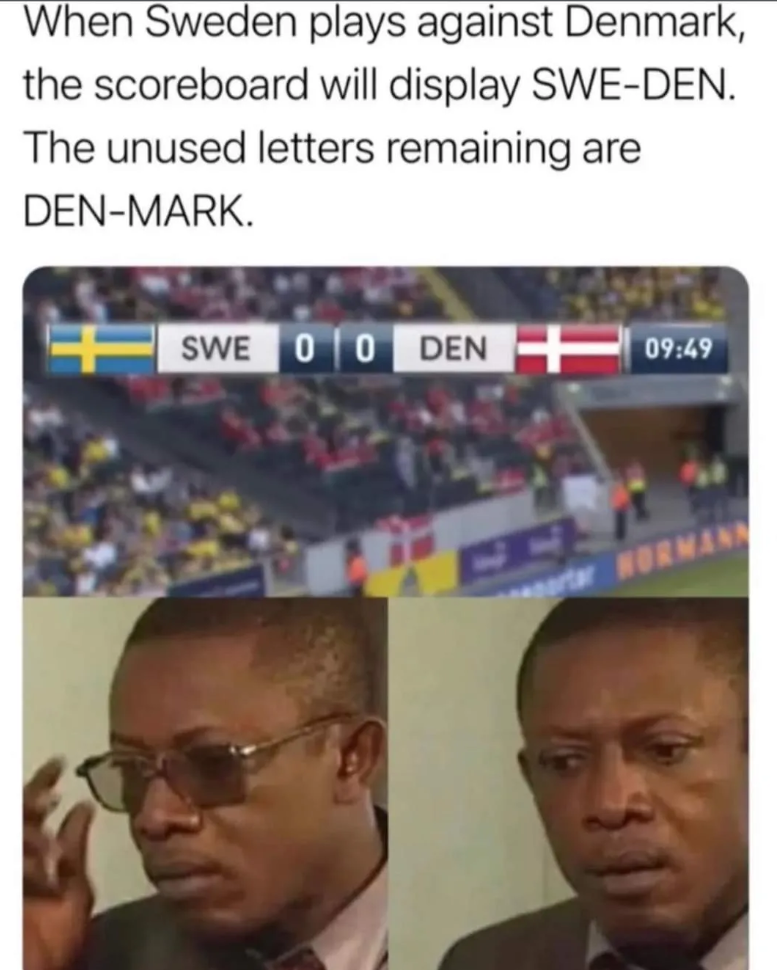 When Sweden plays against Denmark, the scoreboard will display SWE-DEN. The unused letters remaining are DEN-MARK. SWE 00 DEN H 09:49 ortar HORMANN