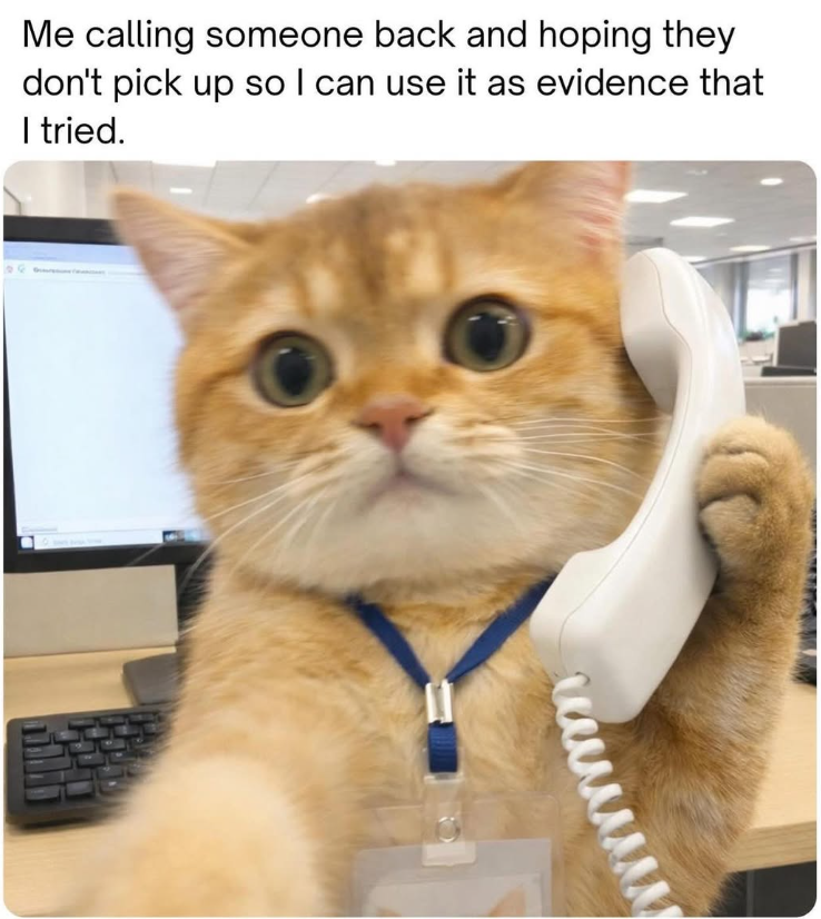 Me calling someone back and hoping they don't pick up so I can use it as evidence that I tried.