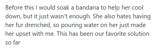 Before this I would soak a bandana to help her cool down, but it just wasn't enough. She also hates having her fur drenched, so pouring water on her just made her upset with me. This has been our favorite solution so far