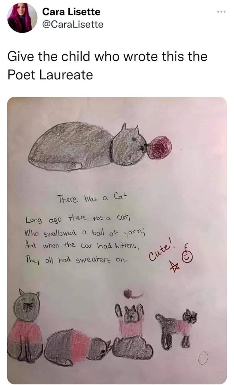 Cara Lisette @CaraLisette Give the child who wrote this the Poet Laureate There Was a Cat Long ago there was a cat, Who swallowed a ball of yarn; And when the cat had kittens, They all had sweaters on. Cute!