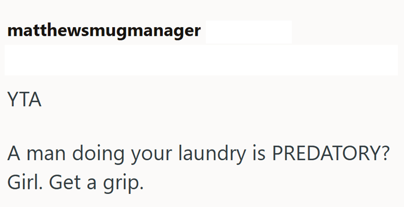 matthewsmugmanager ΥΤΑ A man doing your laundry is PREDATORY? Girl. Get a grip.