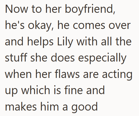 Now to her boyfriend, he's okay, he comes over and helps Lily with all the stuff she does especially when her flaws are acting up which is fine and makes him a good