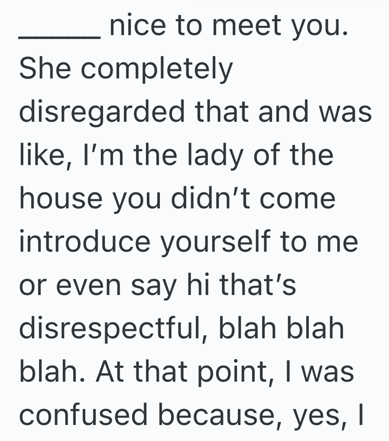 nice to meet you. She completely disregarded that and was like, I'm the lady of the house you didn't come introduce yourself to me or even say hi that's disrespectful, blah blah. blah. At that point, I was confused because, yes, I