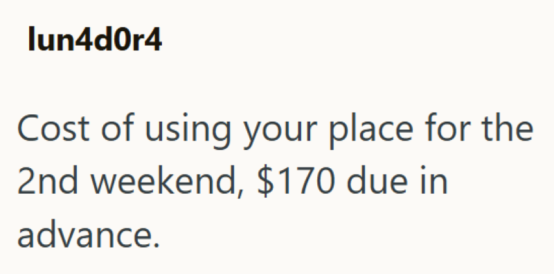 lun4d0r4 Cost of using your place for the 2nd weekend, $170 due in advance.