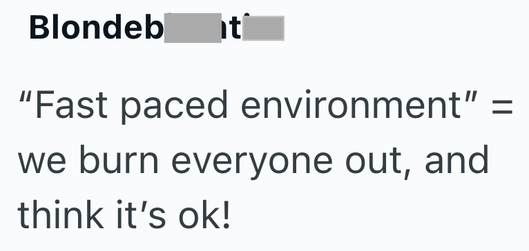 Blondeb ht "Fast paced environment" = we burn everyone out, and think it's ok!