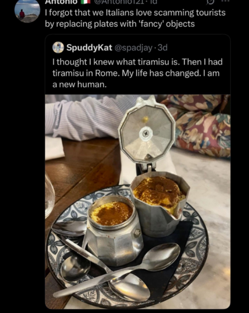 I forgot that we Italians love scamming tourists by replacing plates with 'fancy' objects SpuddyKat @spadjay+3d I thought I knew what tiramisu is. Then I had tiramisu in Rome. My life has changed. I am a new human.
