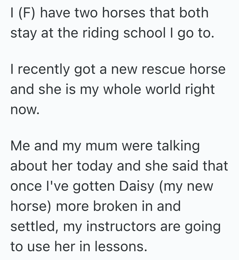 I (F) have two horses that both stay at the riding school I go to. I recently got a new rescue horse and she is my whole world right now. Me and my mum were talking about her today and she said that once I've gotten Daisy (my new horse) more broken in and settled, my instructors are going to use her in lessons.