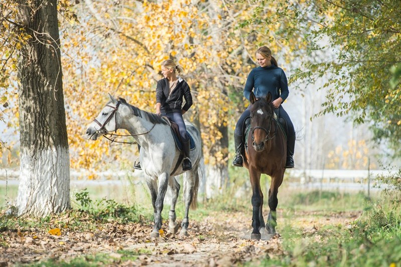 Rider and instructor walk their horses through a clearing, in a representation by models.