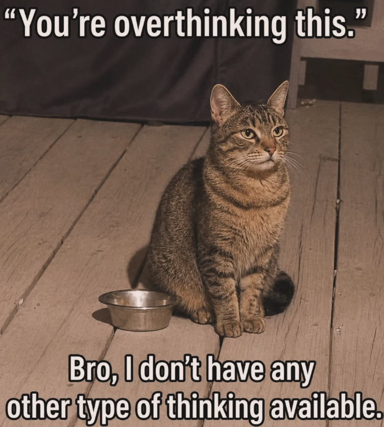 "You're overthinking this." Bro, I don't have any other type of thinking available.