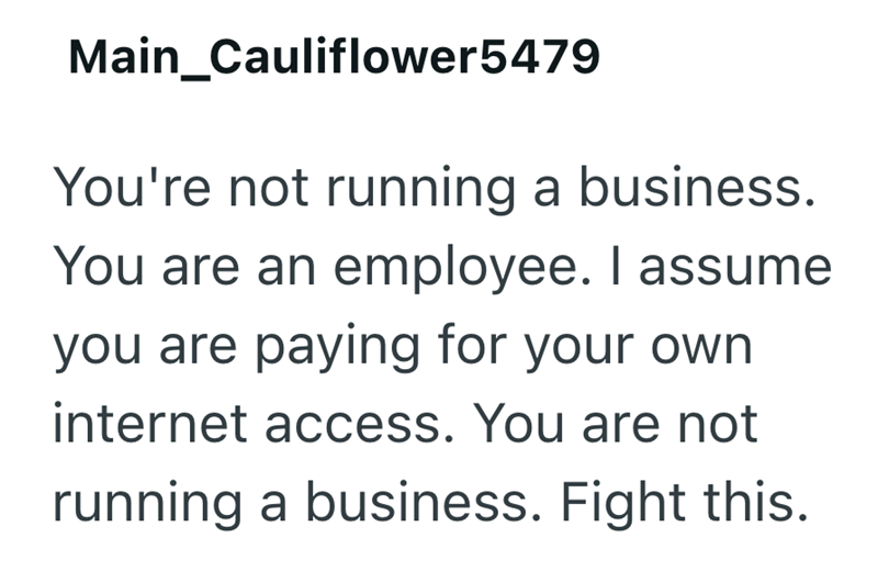 Main_Cauliflower5479 You're not running a business. You are an employee. I assume you are paying for your own internet access. You are not running a business. Fight this.