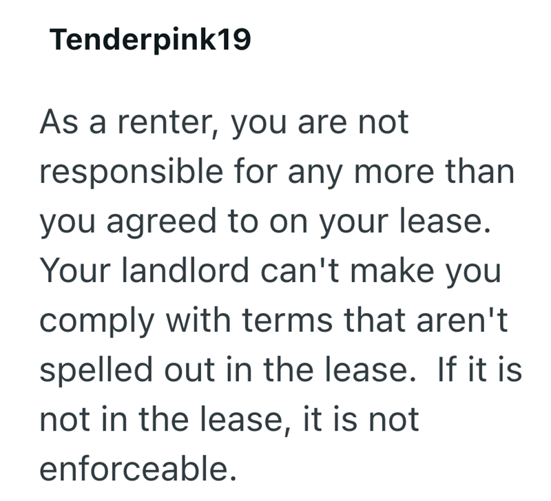 Tenderpink19 As a renter, you are not responsible for any more than you agreed to on your lease. Your landlord can't make you comply with terms that aren't spelled out in the lease. If it is not in the lease, it is not enforceable.
