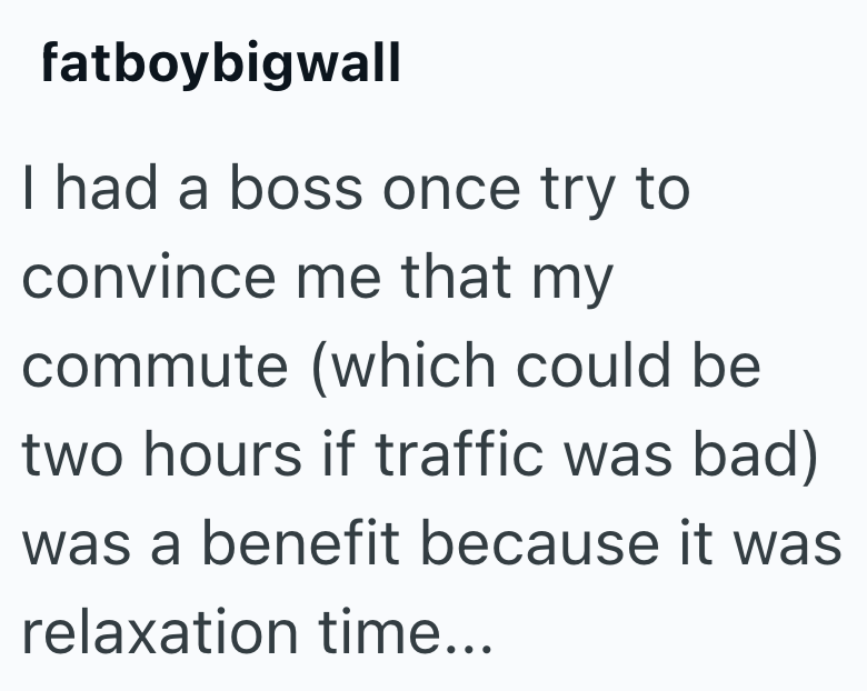 fatboybigwall I had a boss once try to convince me that my commute (which could be two hours if traffic was bad) was a benefit because it was relaxation time...