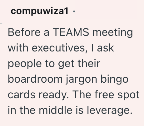 compuwiza1. Before a TEAMS meeting with executives, I ask people to get their boardroom jargon bingo cards ready. The free spot in the middle is leverage.