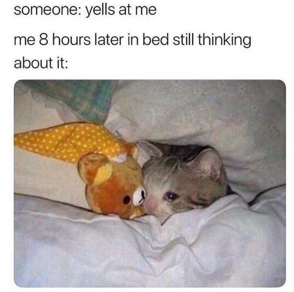 someone: yells at me me 8 hours later in bed still thinking about it: