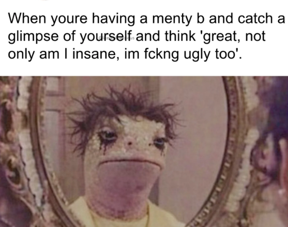 When youre having a menty b and catch a glimpse of yourself and think 'great, not only am I insane, im fckng ugly too'. 202