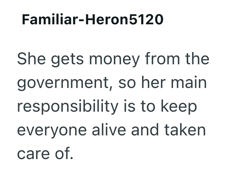Familiar-Heron 5120 She gets money from the government, so her main responsibility is to keep everyone alive and taken care of.
