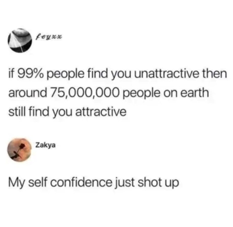 feyxx if 99% people find you unattractive then around 75,000,000 people on earth still find you attractive Zakya My self confidence just shot up