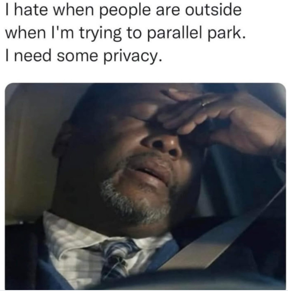 I hate when people are outside when I'm trying to parallel park. I need some privacy.