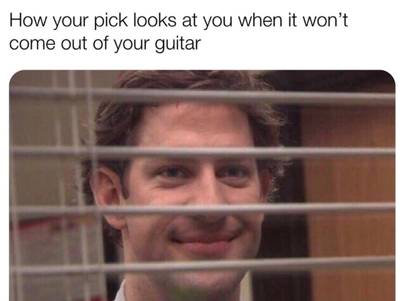How your pick looks at you when it won't come out of your guitar