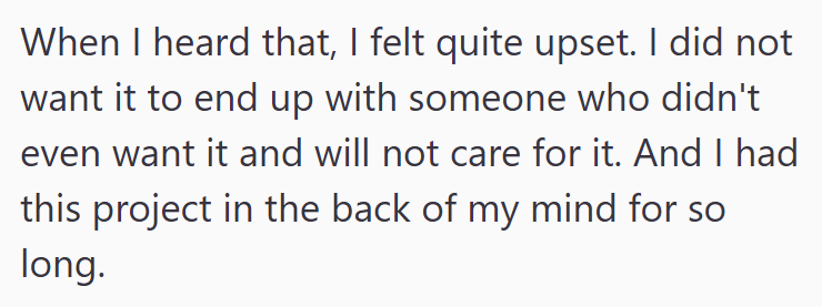 When I heard that, I felt quite upset. I did not want it to end up with someone who didn't even want it and will not care for it. And I had this project in the back of my mind for so long.