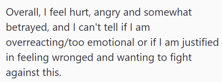 Overall, I feel hurt, angry and somewhat betrayed, and I can't tell if I am overreacting/too emotional or if I am justified in feeling wronged and wanting to fight against this.