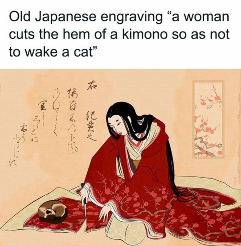・ Old Japanese engraving "a woman cuts the hem of a kimono so as not to wake a cat"