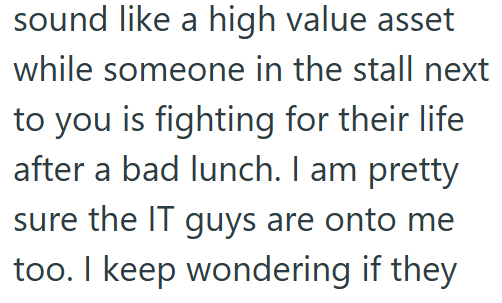 sound like a high value asset while someone in the stall next to you is fighting for their life after a bad lunch. I am pretty sure the IT guys are onto me too. I keep wondering if they