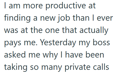 I am more productive at finding a new job than I ever was at the one that actually pays me. Yesterday my boss asked me why I have been taking so many private calls