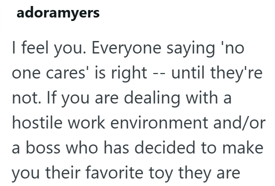 adoramyers I feel you. Everyone saying 'no one cares' is right -- until they're not. If you are dealing with a hostile work environment and/or a boss who has decided to make you their favorite toy they are