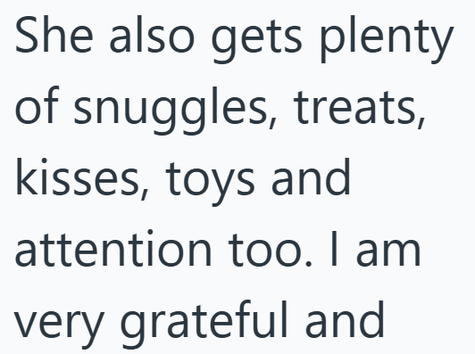 She also gets plenty of snuggles, treats, kisses, toys and attention too. I am very grateful and