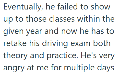 Eventually, he failed to show up to those classes within the given year and now he has to retake his driving exam both theory and practice. He's very angry at me for multiple days