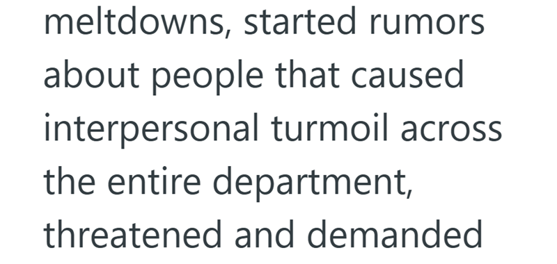 meltdowns, started rumors about people that caused interpersonal turmoil across the entire department, threatened and demanded