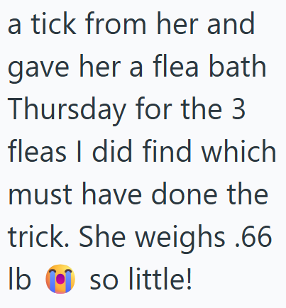 a tick from her and gave her a flea bath Thursday for the 3 fleas I did find which must have done the trick. She weighs .66 lb so little!