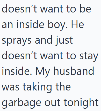 doesn't want to be an inside boy. He sprays and just doesn't want to stay inside. My husband was taking the garbage out tonight
