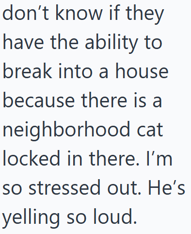 don't know if they have the ability to break into a house because there is a neighborhood cat locked in there. I'm so stressed out. He's yelling so loud.