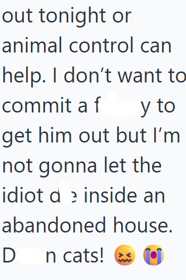 out tonight or animal control can help. I don't want to commit a f y to get him out but I'm not gonna let the idiot d e inside an abandoned house. D n cats!