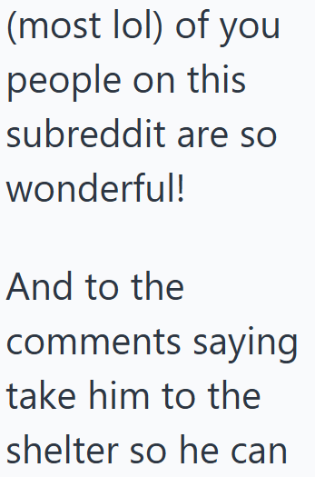 (most lol) of you people on this subreddit are so wonderful! And to the comments saying take him to the shelter so he can