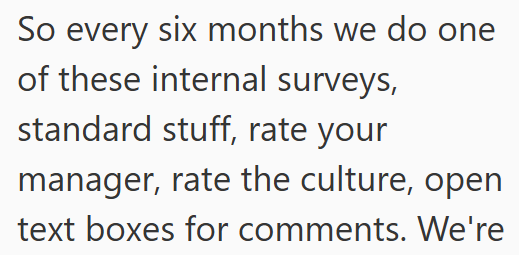 So every six months we do one of these internal surveys, standard stuff, rate your manager, rate the culture, open text boxes for comments. We're