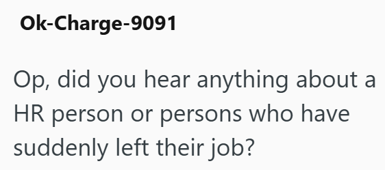 Ok-Charge-9091 Op, did you hear anything about a HR person or persons who have suddenly left their job?