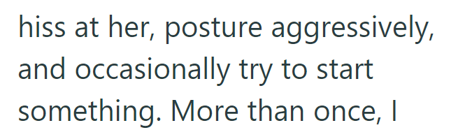 hiss at her, posture aggressively, and occasionally try to start something. More than once, I