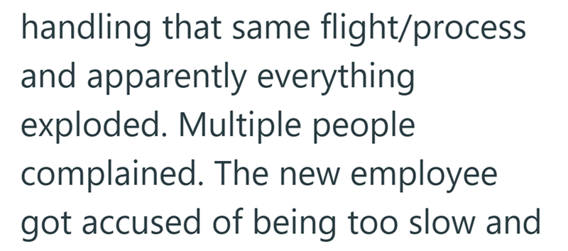 handling that same flight/process and apparently everything exploded. Multiple people complained. The new employee got accused of being too slow and