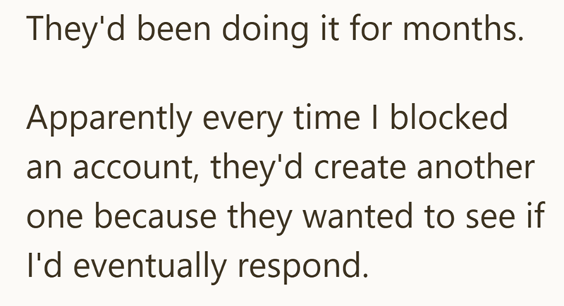 They'd been doing it for months. Apparently every time I blocked an account, they'd create another one because they wanted to see if I'd eventually respond.