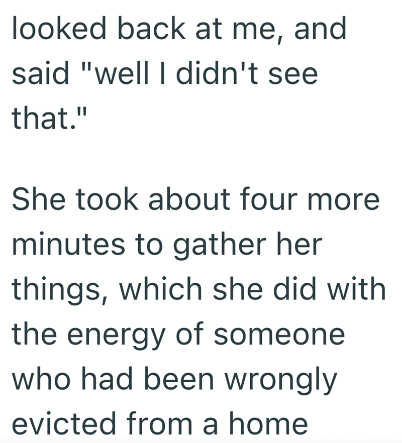 looked back at me, and said "well I didn't see that." She took about four more minutes to gather her things, which she did with the energy of someone who had been wrongly evicted from a home