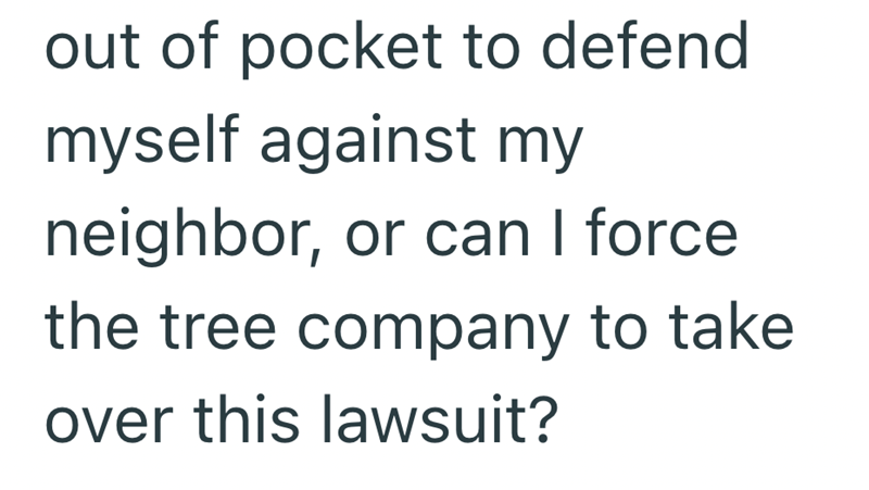 out of pocket to defend myself against my neighbor, or can I force the tree company to take over this lawsuit?
