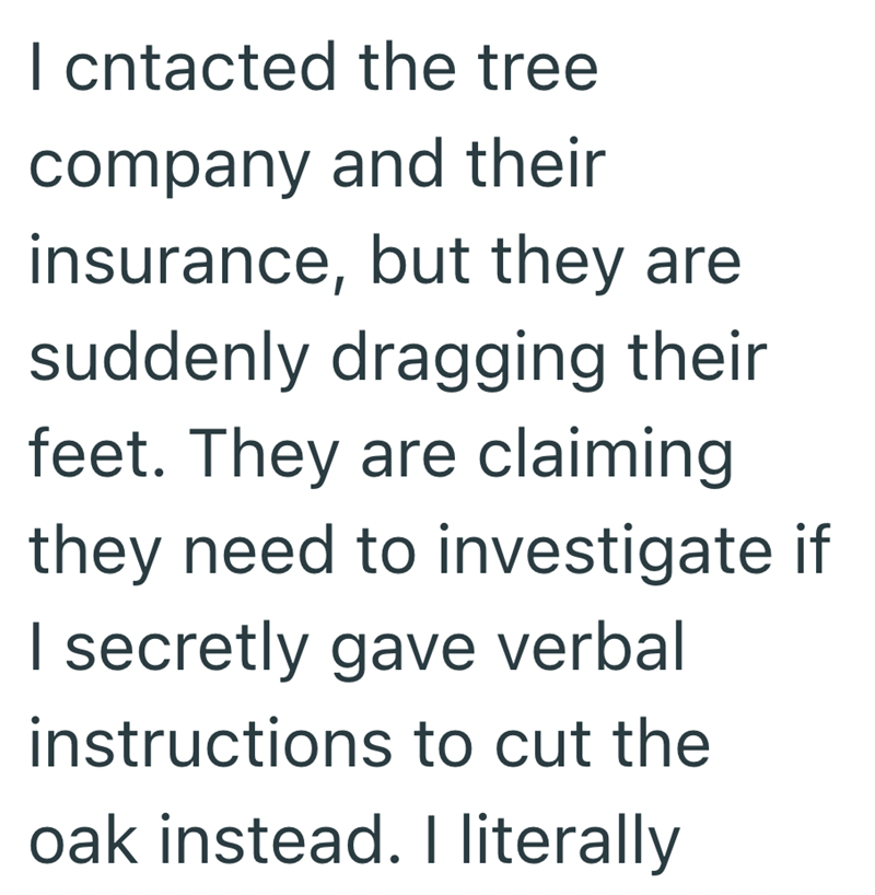 I cntacted the tree company and their insurance, but they are suddenly dragging their feet. They are claiming they need to investigate if I secretly gave verbal instructions to cut the oak instead. I literally