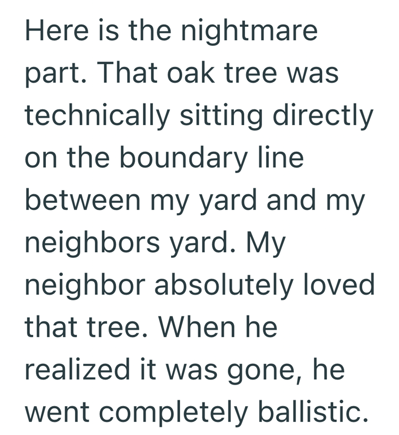 Here is the nightmare part. That oak tree was technically sitting directly on the boundary line between my yard and my neighbors yard. My neighbor absolutely loved that tree. When he realized it was gone, he went completely ballistic.