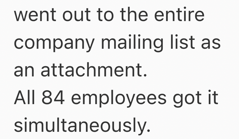 went out to the entire company mailing list as an attachment. All 84 employees got it simultaneously.