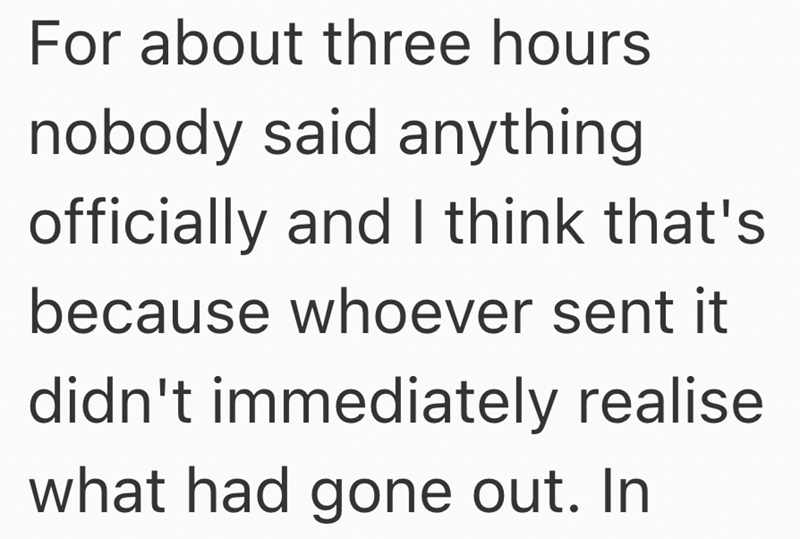 For about three hours nobody said anything officially and I think that's because whoever sent it didn't immediately realise what had gone out. In